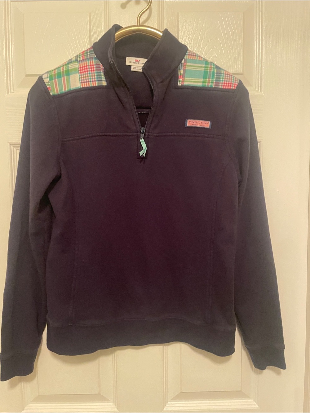 Vineyard Vines Navy Quarter-Zip Pullover with Multicolor Plaid Shoulders